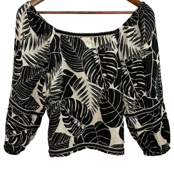 Cynthia Rowley Black & Cream Tropical Print Linen Blend Blouse Sz L - Picture 2 of 11